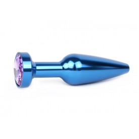 Удлиненная коническая гладкая синяя анальная втулка с сиреневым кристаллом - 11,3 см.